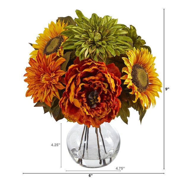 12 Peony，Dahlia and Sunflower Artificial Arrangement in Glass Vase