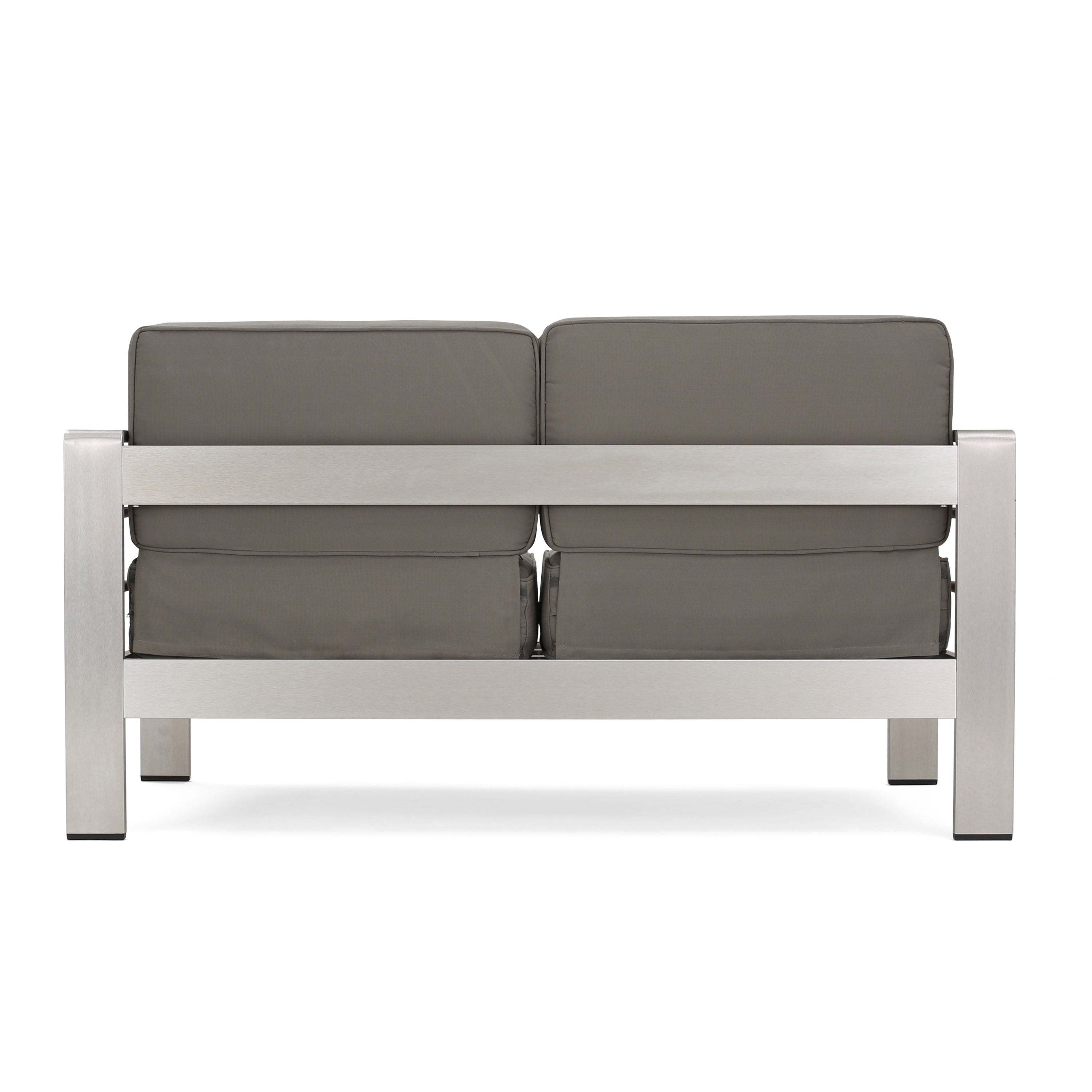 Emily Coral Outdoor 4-Seater Aluminum Loveseat and Ottoman Set, Silver and Khaki