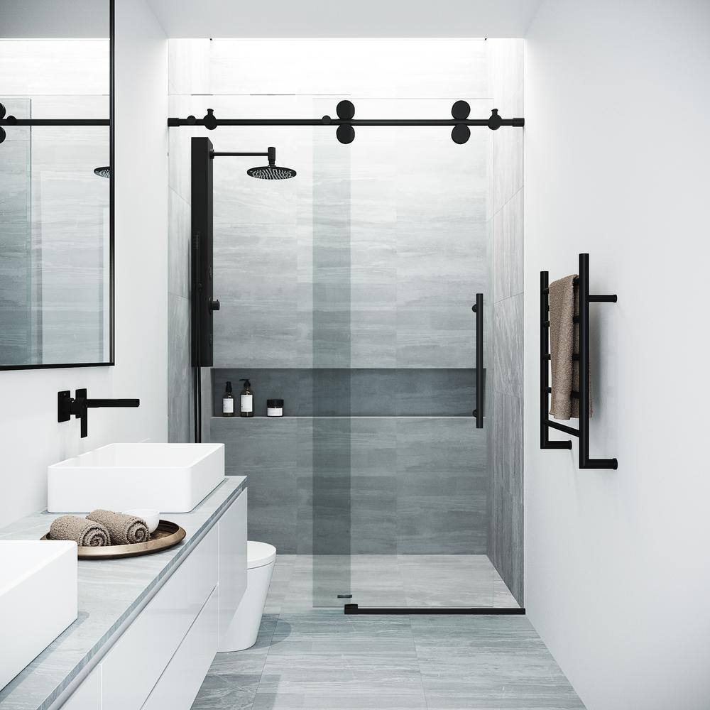 VIGO Elan 56 to 60 in. W x 74 in. H Frameless Sliding Shower Door in Matte Black with 38 in. (10 mm) Clear Glass VG6041MBCL6074