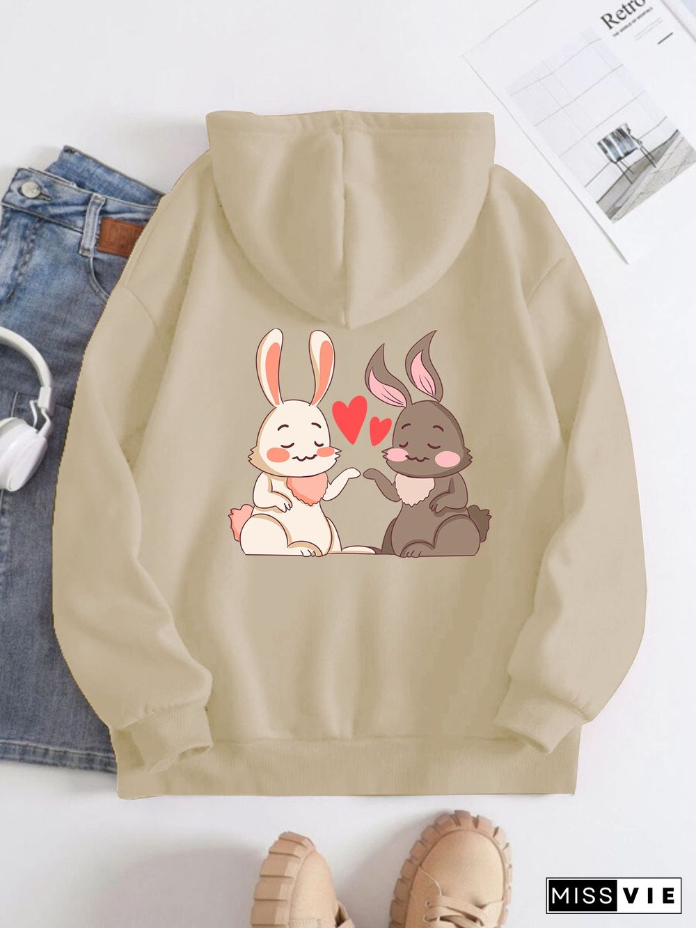 Printed on the Back Kangaroo Pocket Hoodie Long Sleeve for Women Pattern Rabbit in Love