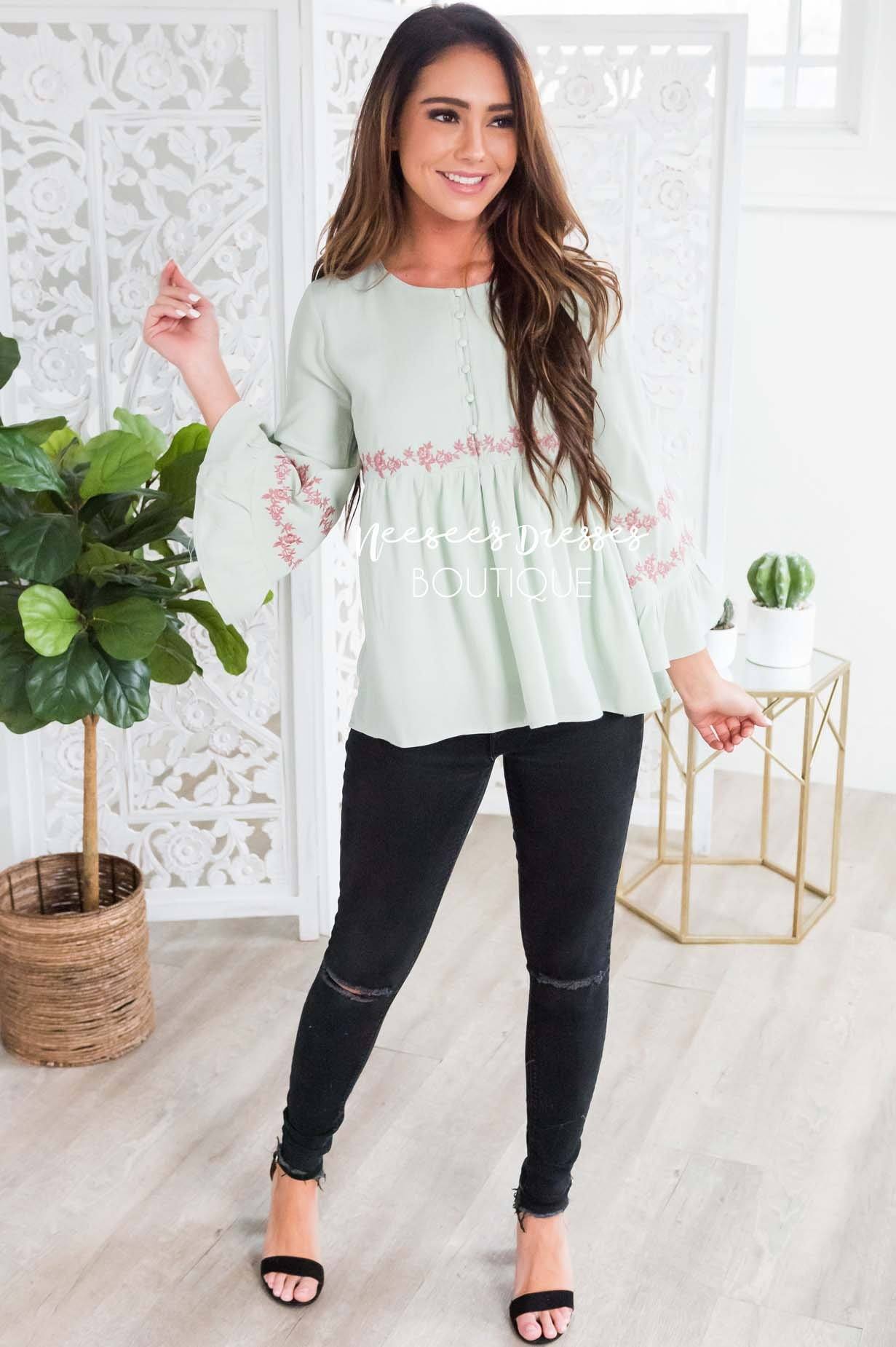 Sage Flounce Embroidered Blouse