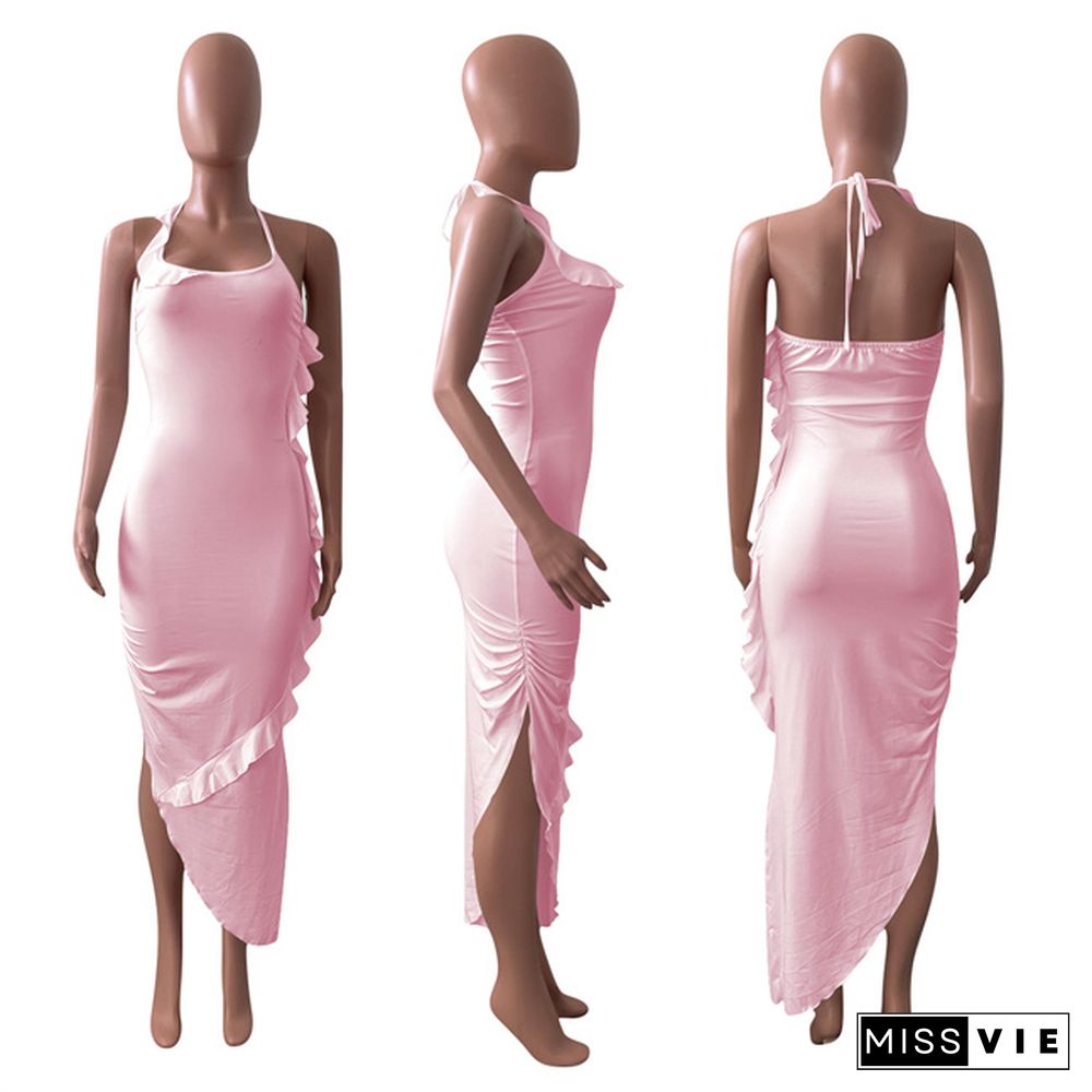 Elegant Solid Color Ruffles Women Summer Sexy Asymmetric Night Club Halter Bodycon Maxi Dress