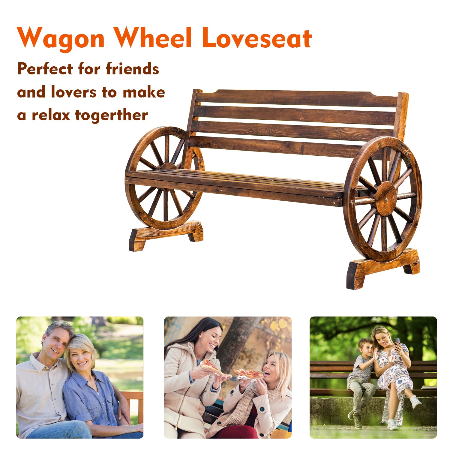 3-Person Wooden Wagon Wheel Bench for Patio, Garden, Outdoor Lounging w/ Rustic Design - Brown