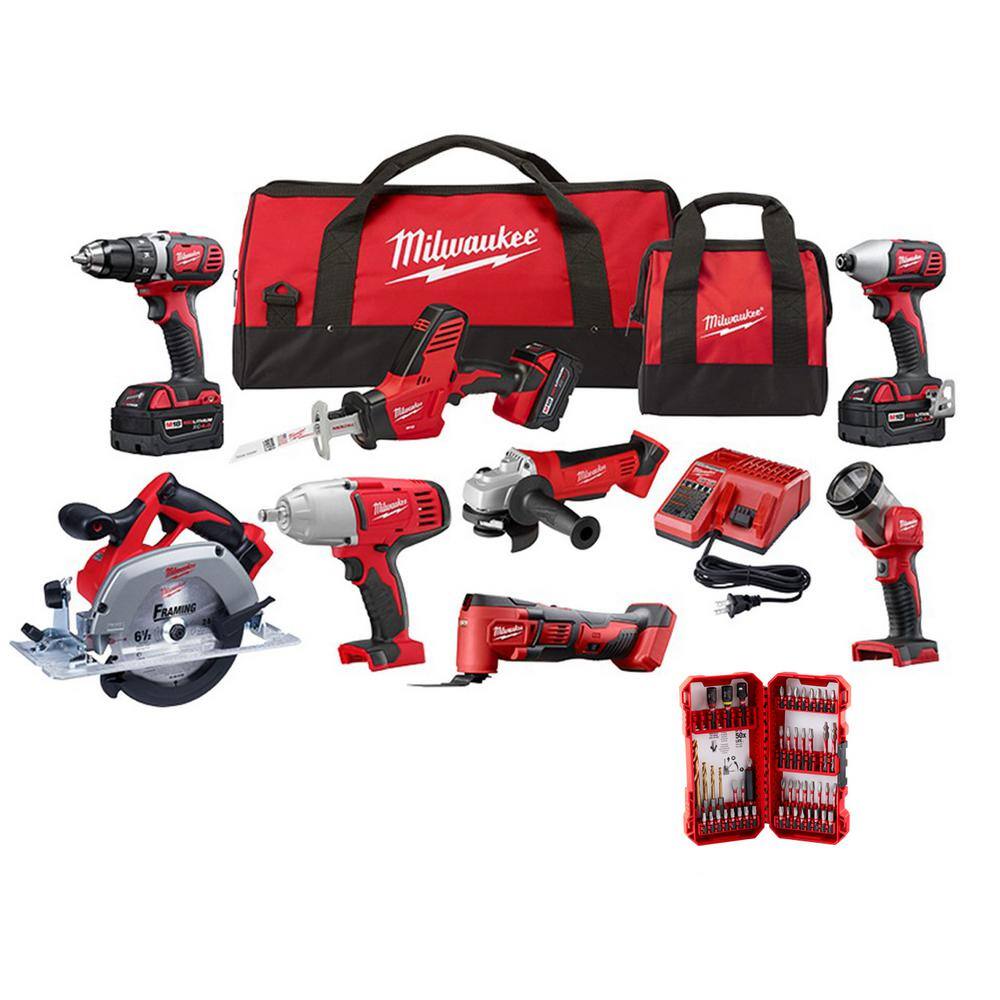 MW M18 18V Lithium-Ion Cordless Combo Kit (8-Tool) with SHOCKWAVE Bit Set (50-Piece) 2691-28XC-48-32-4024