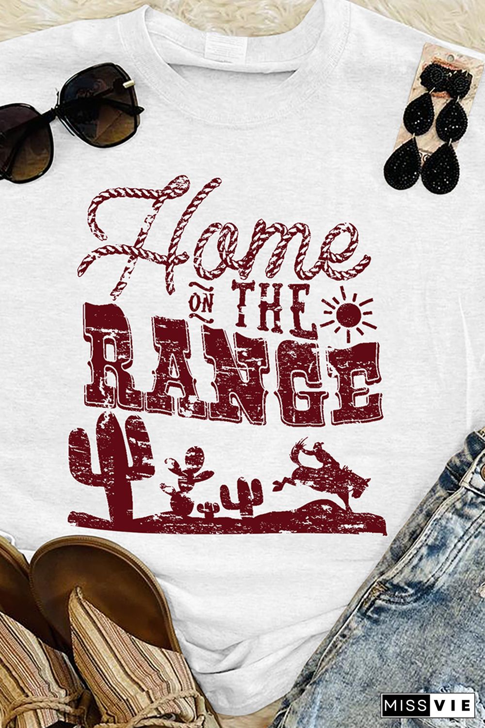 Home on the Range Print Graphic Tees for Women Wholesale Short Sleeve T shirts Top