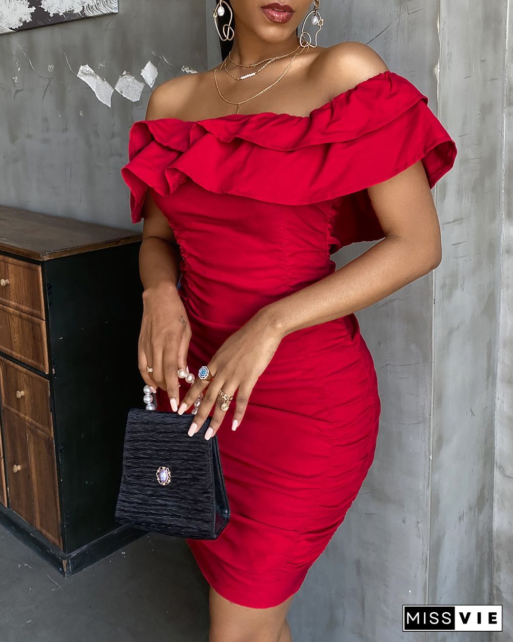 Off Shoulder Ruched Ruffles Bodycon Dress