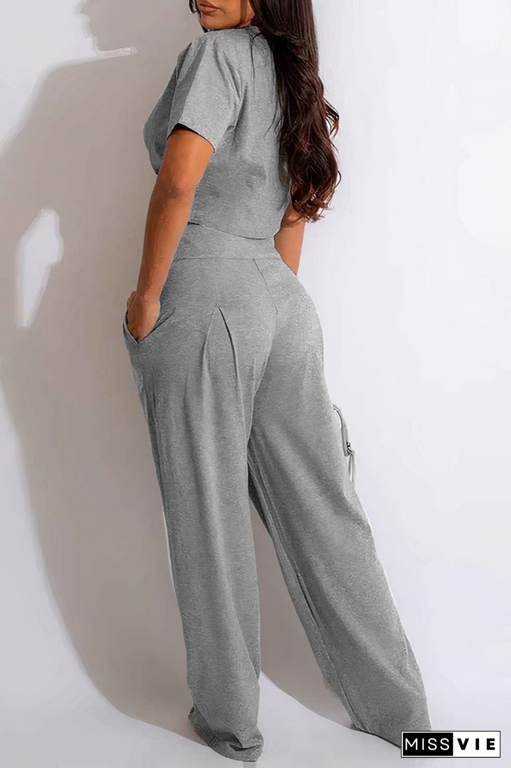 Solid Drawstring Crop Top & Slant Pocket Pants Set