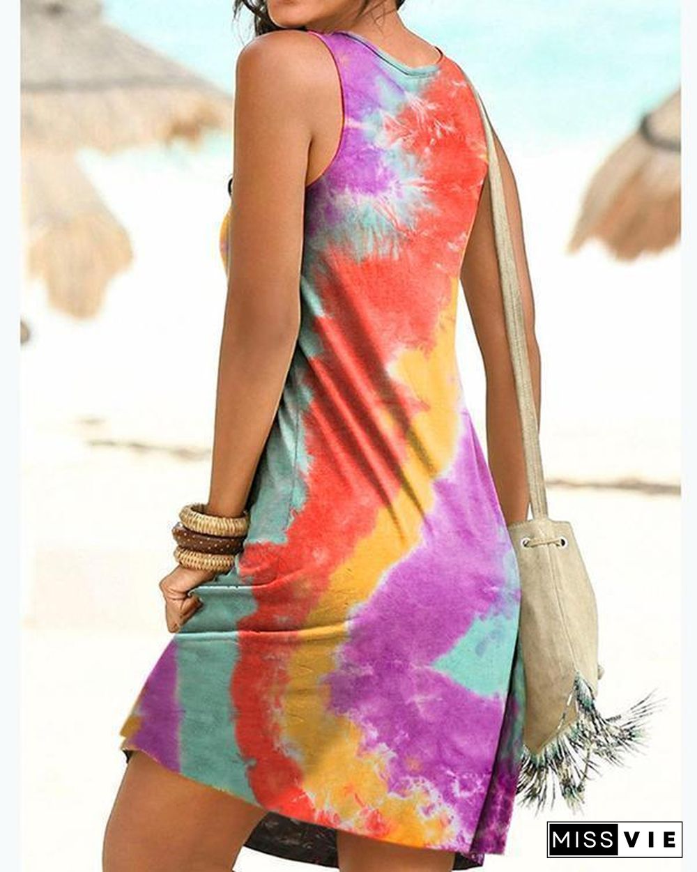 Sleeveless Holiday Gradient Print Paneled Pleated Mini Dress