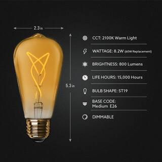 Feit Electric 60-Watt Equivalent ST19 Dimmable Knot Thin Filament Amber Glass E26 Vintage Edison LED Light Bulb Warm White 2100K ST1960S3821FILHDRP