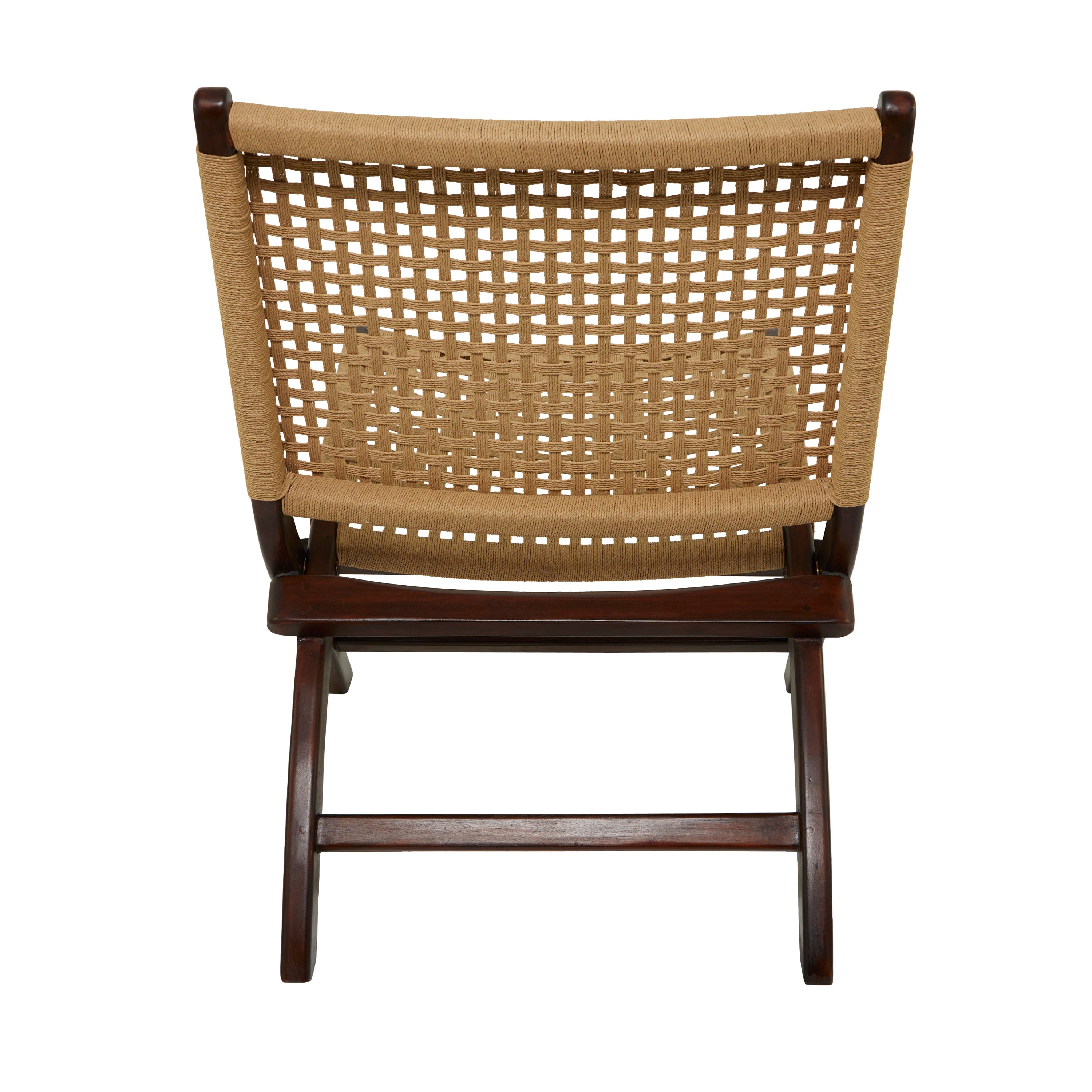 DecMode Contemporary Wood Folding Chair with Polished Mahogany Brown Finish and a Light Brown Woven Seat, 24"W x 34"H