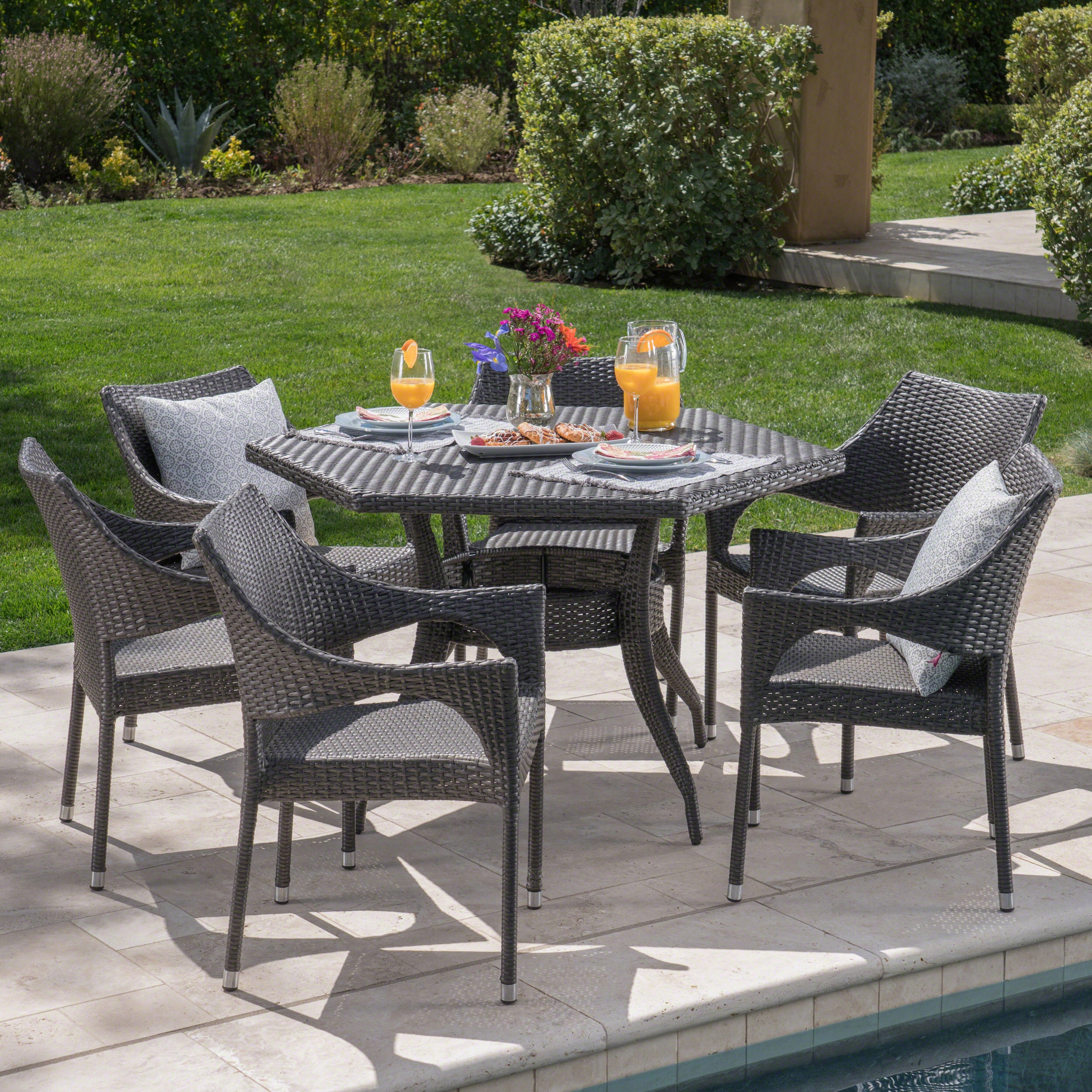 Rosy Outdoor 7 Piece Wicker Hexagon Dining Set with Stacking Chairs