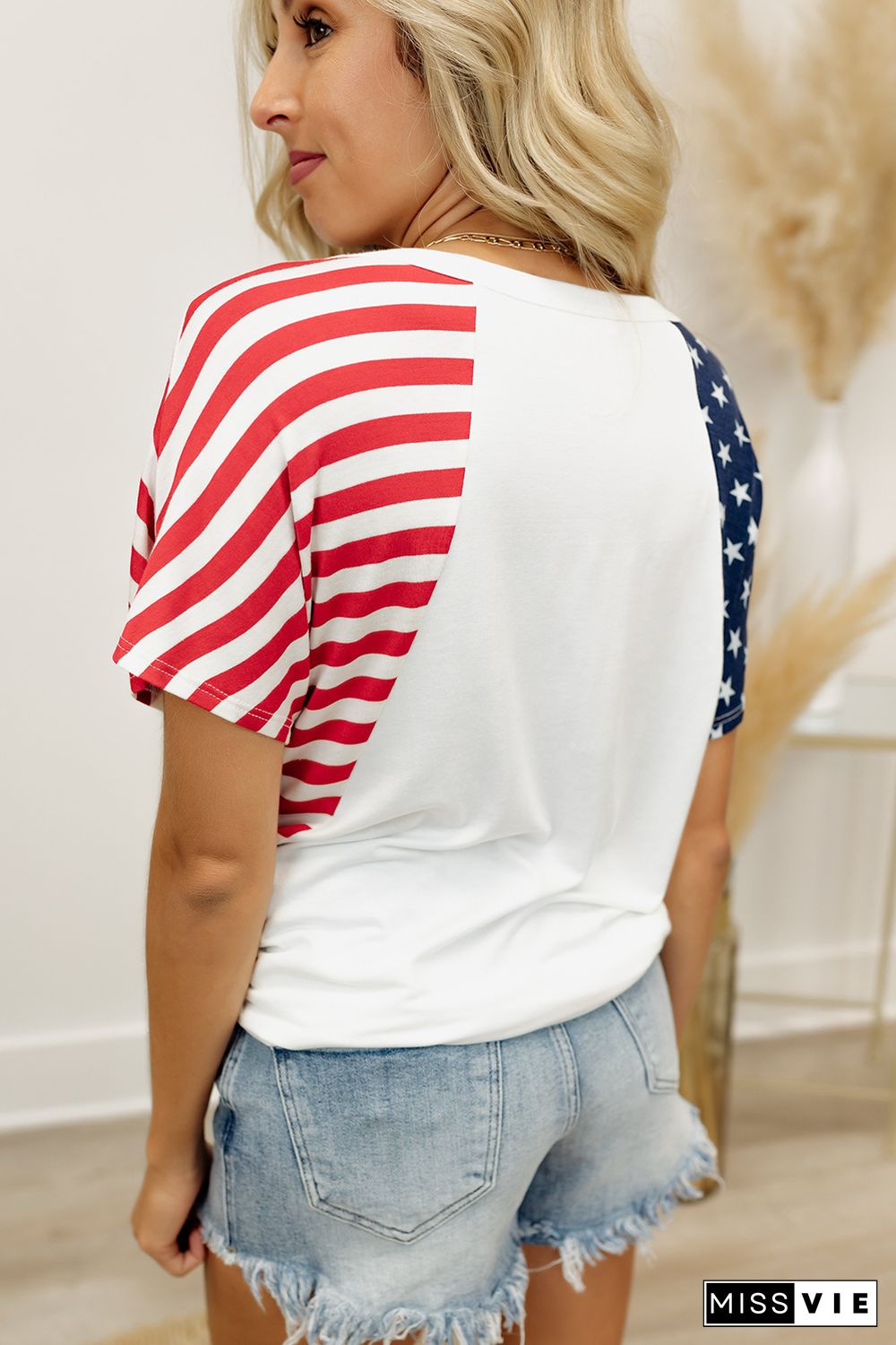 White The US Stars and Stripes V Neck Tee