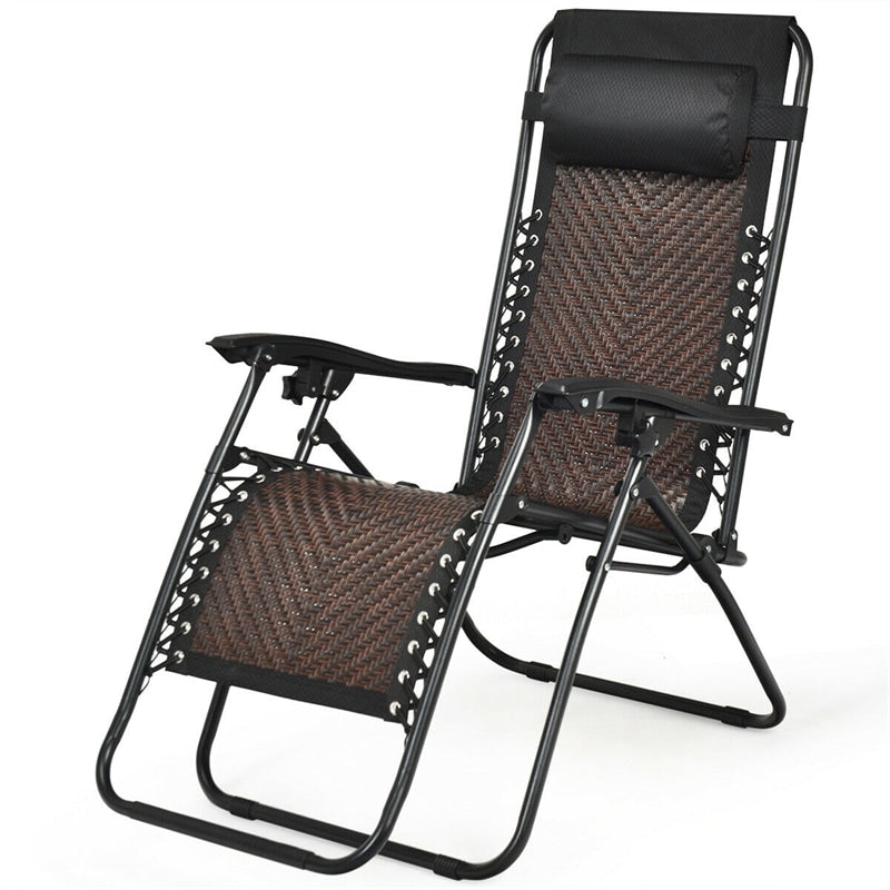 Rattan Folding Zero Gravity Lounge Chair Outdoor with Removable Pillow, Locking System, Adjustable Portable Patio Armchair