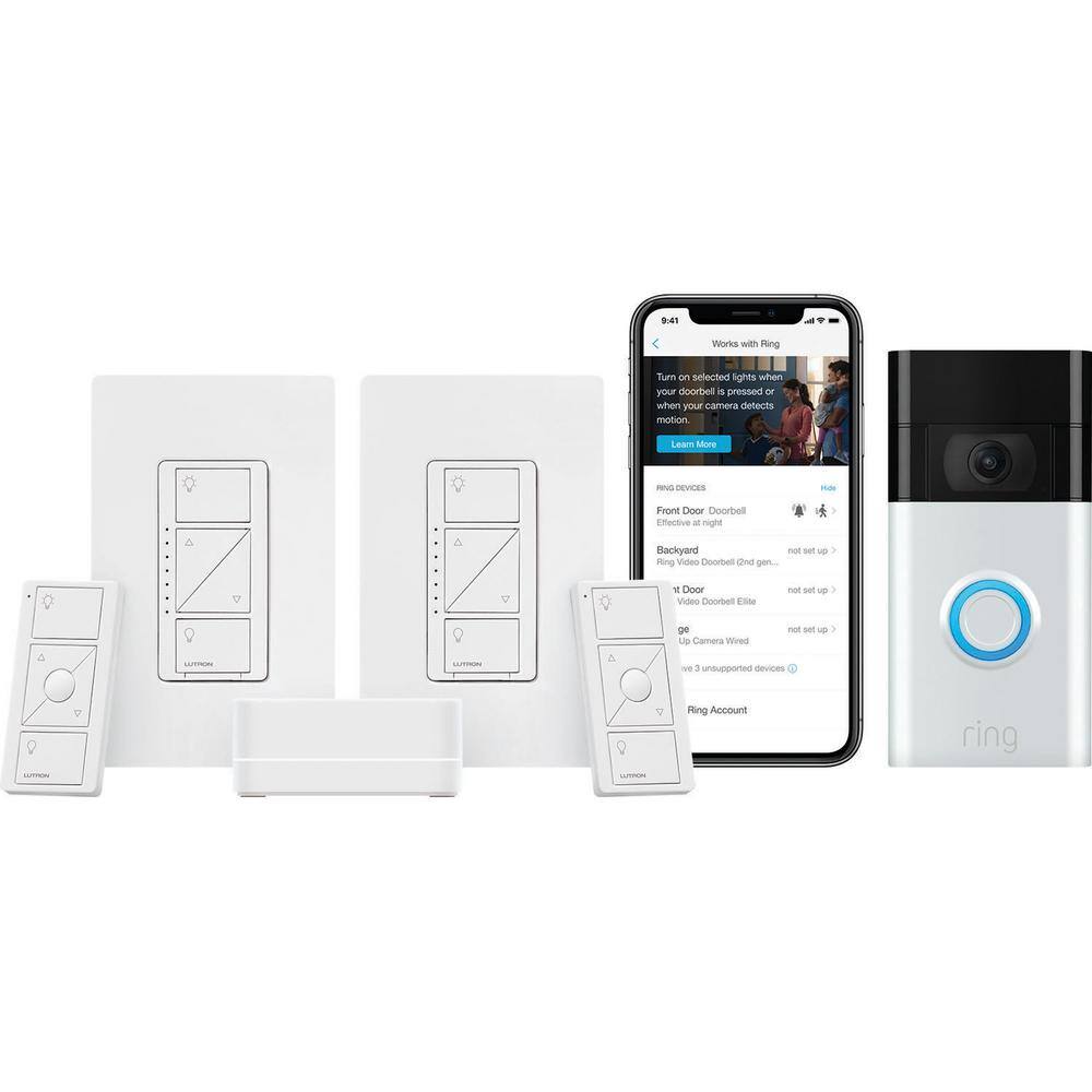 Lutron Caseta Smart Dimmer Switch (2 Count) Deluxe Kit with Ring Smart Video Doorbell Camera (2020 Release) (PRBDG-PKG2W-HD) PRBDG-PKG2W-HD