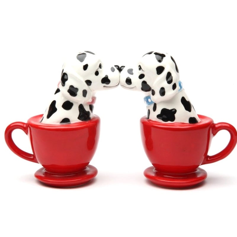 Dalmatian Dogs in Red Tea Cups Ceramic Salt and Pepper Shakers Magnetic - Black，White，Red