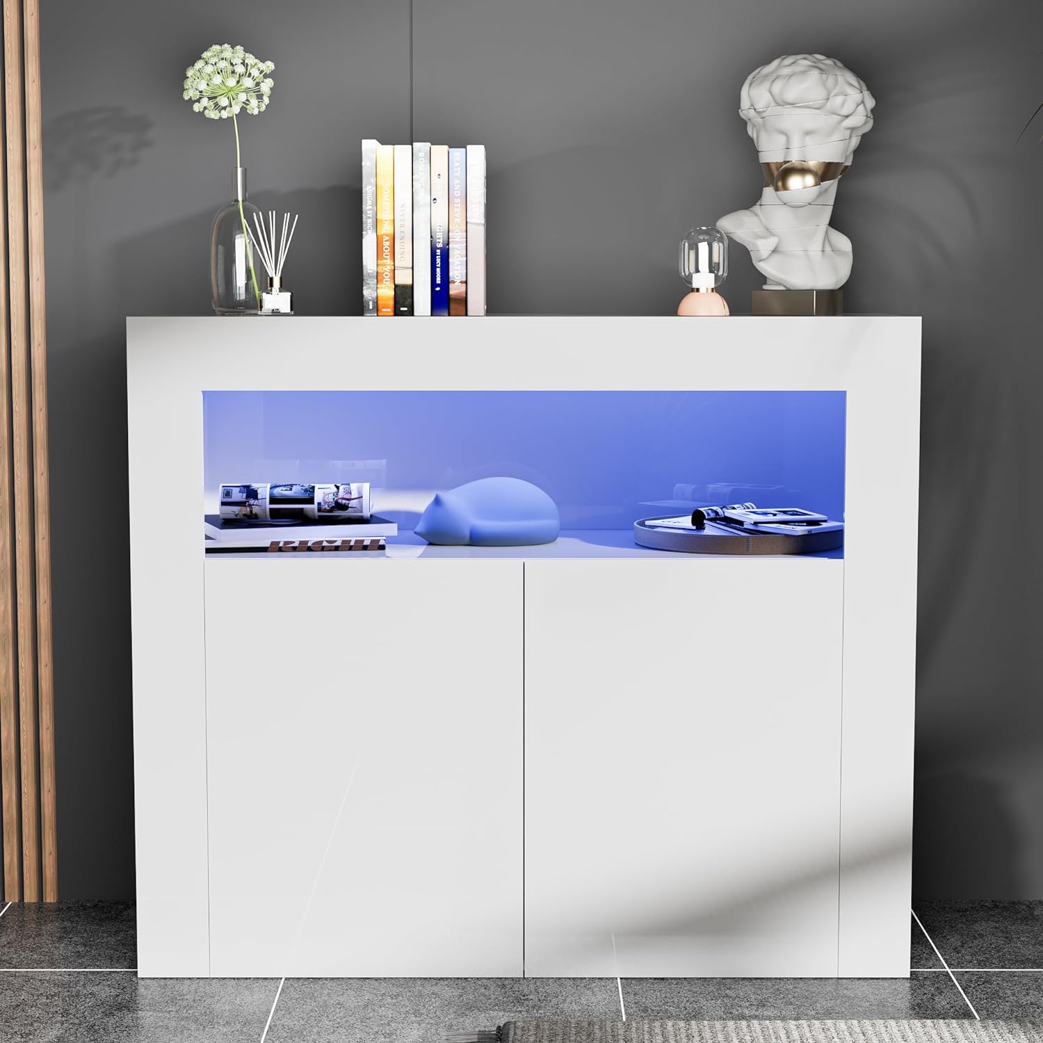 High Glossy Buffet Cabinet Sideboard Storage Cabinet Bar Cabinet with LED Lights Adjustable Shelf and 2 Doors