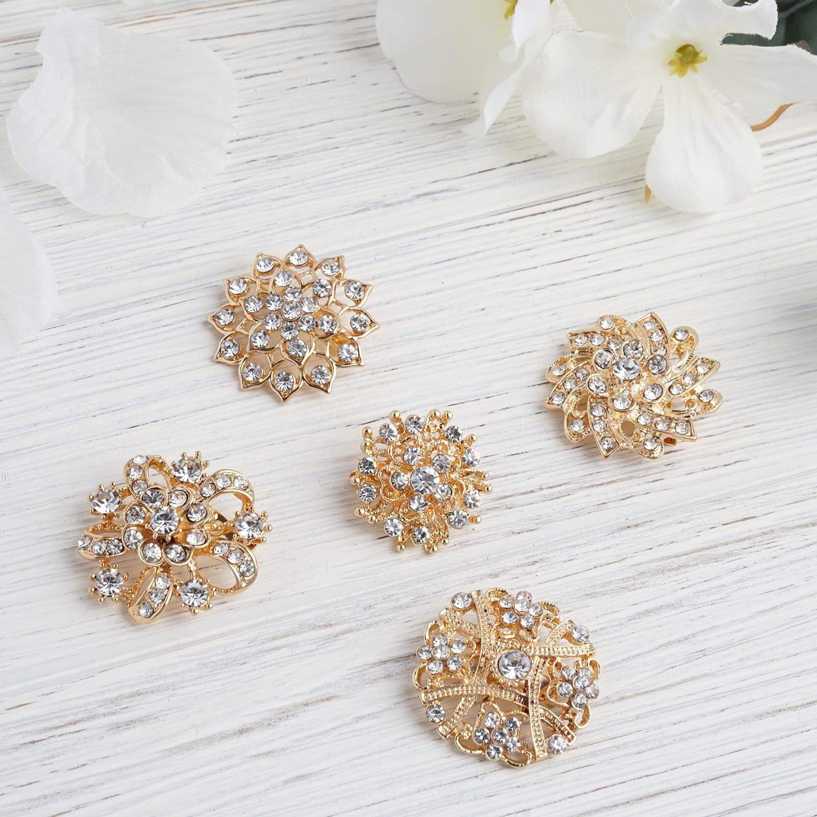 5 Pack Assorted Gold Plated Mandala Crystal Rhinestone Brooches Floral Sash Pin Brooch Bouquet Decor