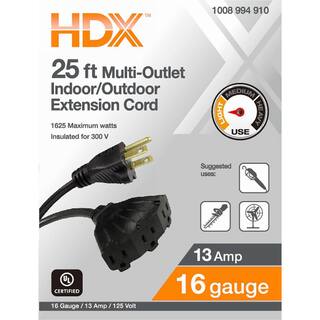 HDX 25 ft. 163 Light Duty IndoorOutdoor Extension Cord with Tri-tap Black HWHD16325F