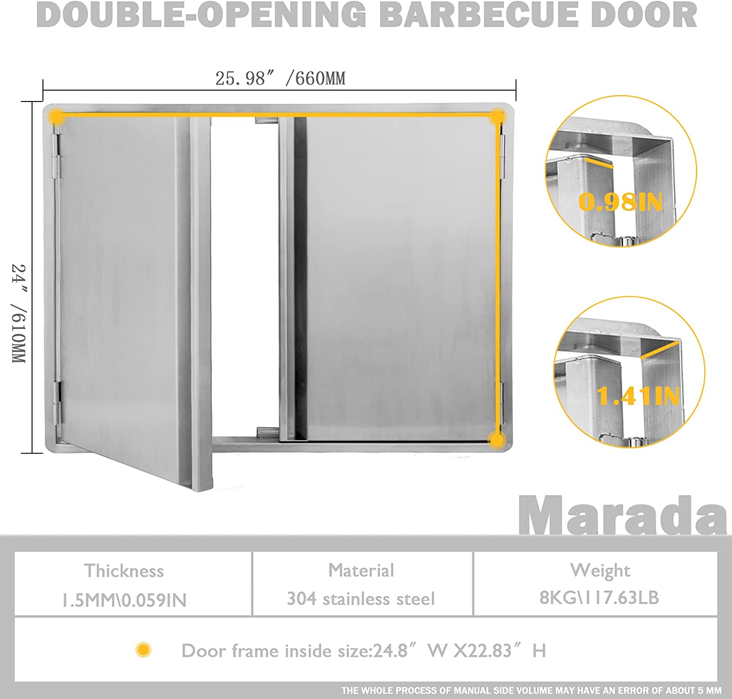 Marada 26" W x 24" H 304 Stainless Steel Outdoor Kitchen Doors for Grilling Station