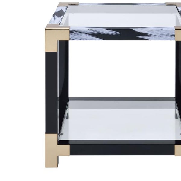 Modern Style Square Metal and Glass End Table With Bottom Shelf， Black and Gold