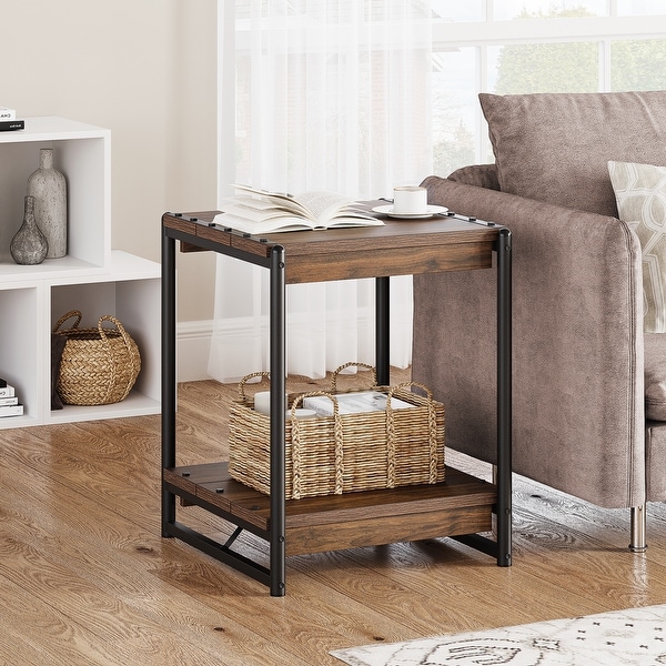 Farmhouse End Table， 19.6 Inch Sofa Side Table with 2-Tier Storage， Square End Table with Sturdy Frame