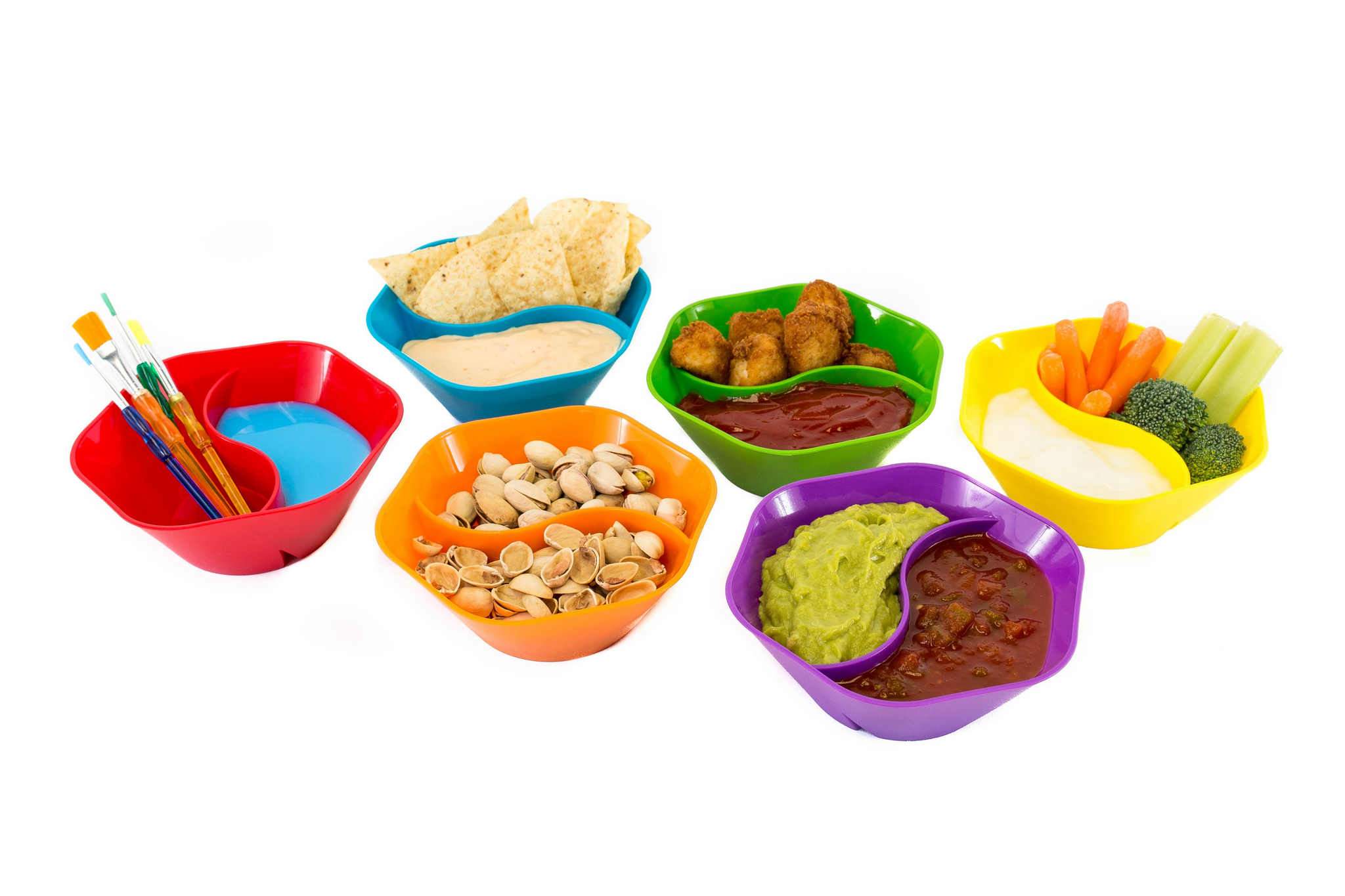 Jarratt Industries Double Dipper Snack and Serving Bowls， Divided Bowls for Chips， Dips， Snacks， Multicolored， 6 Piece Set