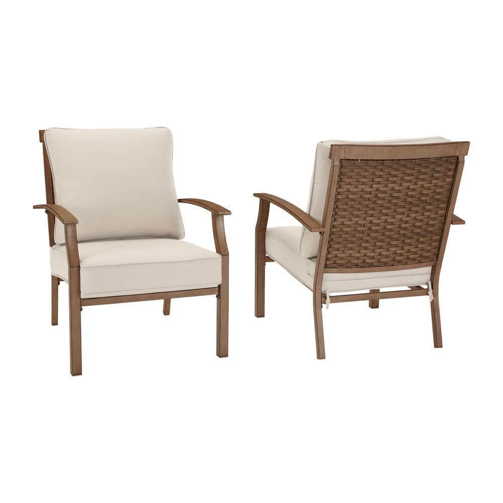 Hampton Bay Geneva Brown Wicker Outdoor Patio Stationary Dining Chair with CushionGuard Almond Tan Cushions