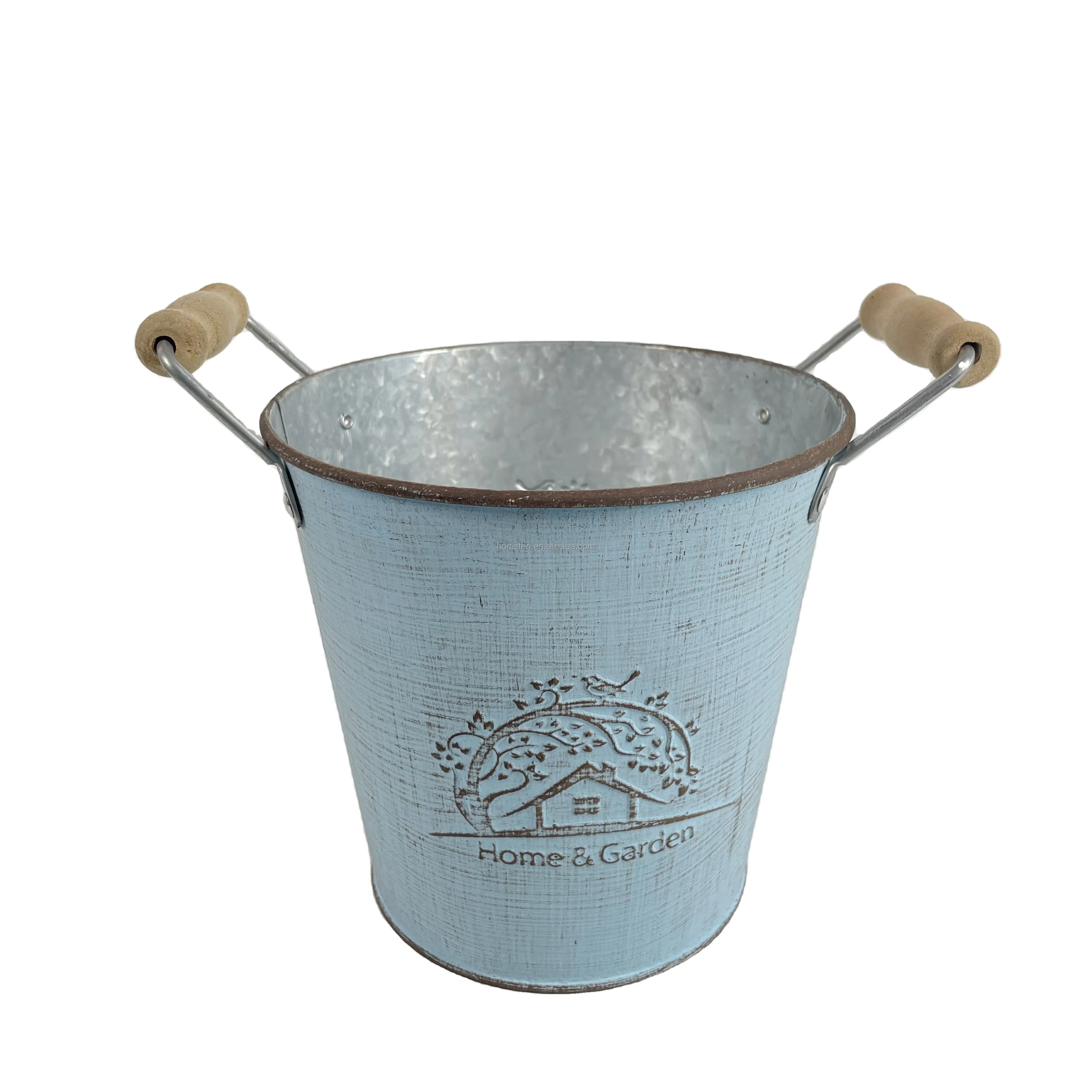 China Wholesale Custom Metal Flower Bucket  With Wooden Handles Garden Planters