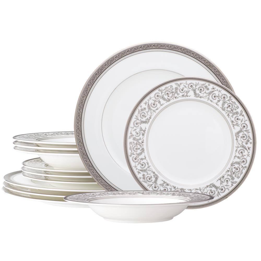 Noritake Summit Platinum White 12-Piece Dinnerware Set Service For 4 4919-12H