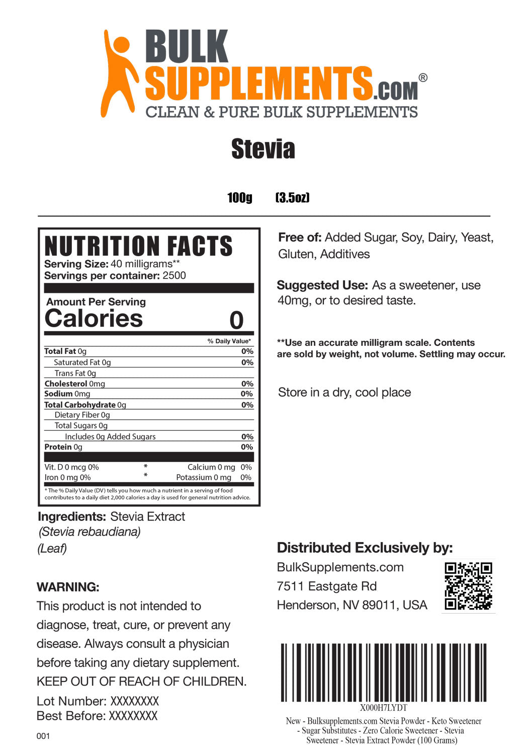 BulkSupplements.com Stevia Powder - Keto Sweetener - Sugar Substitutes - Zero Calorie Sweetener - Stevia Sweetener - Stevia Extract Powder (100 Grams - 3.5 oz)