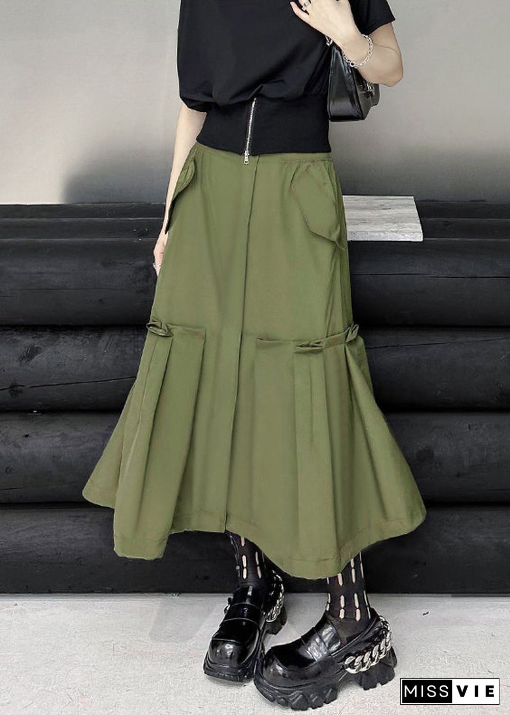 New Army Green Pockets High Waist Patchwork Cotton A Line Skirts Fall