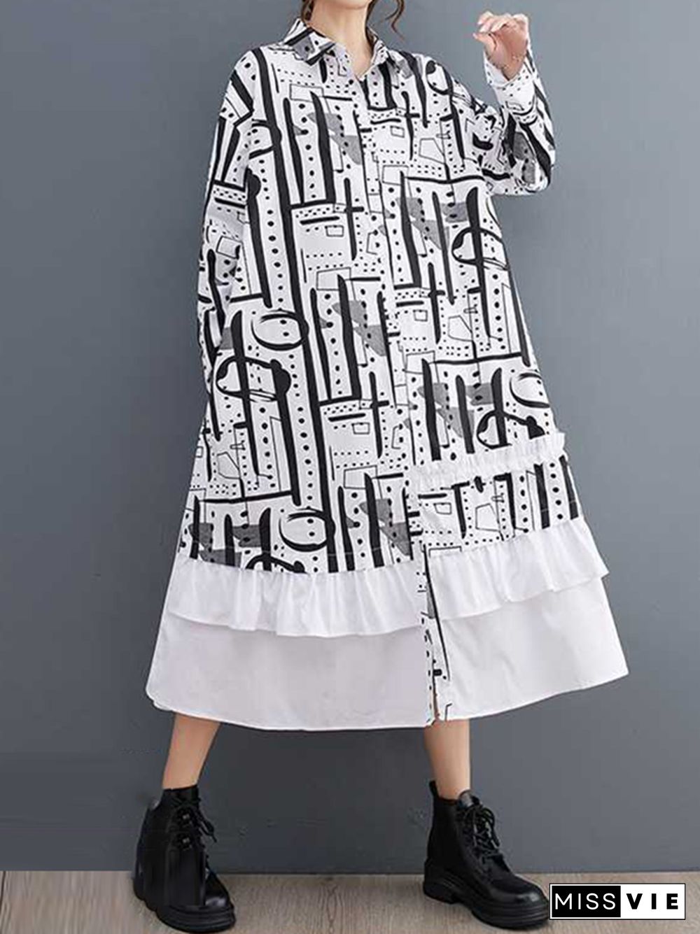 A-Line Long Sleeves Asymmetric Buttoned Printed Split-Joint Lapel Midi Dresses