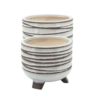 HOTEBIKE 68 in. Ceramic Planter with Geometric Design and Footed Base White (Set of 2) JIANG010261