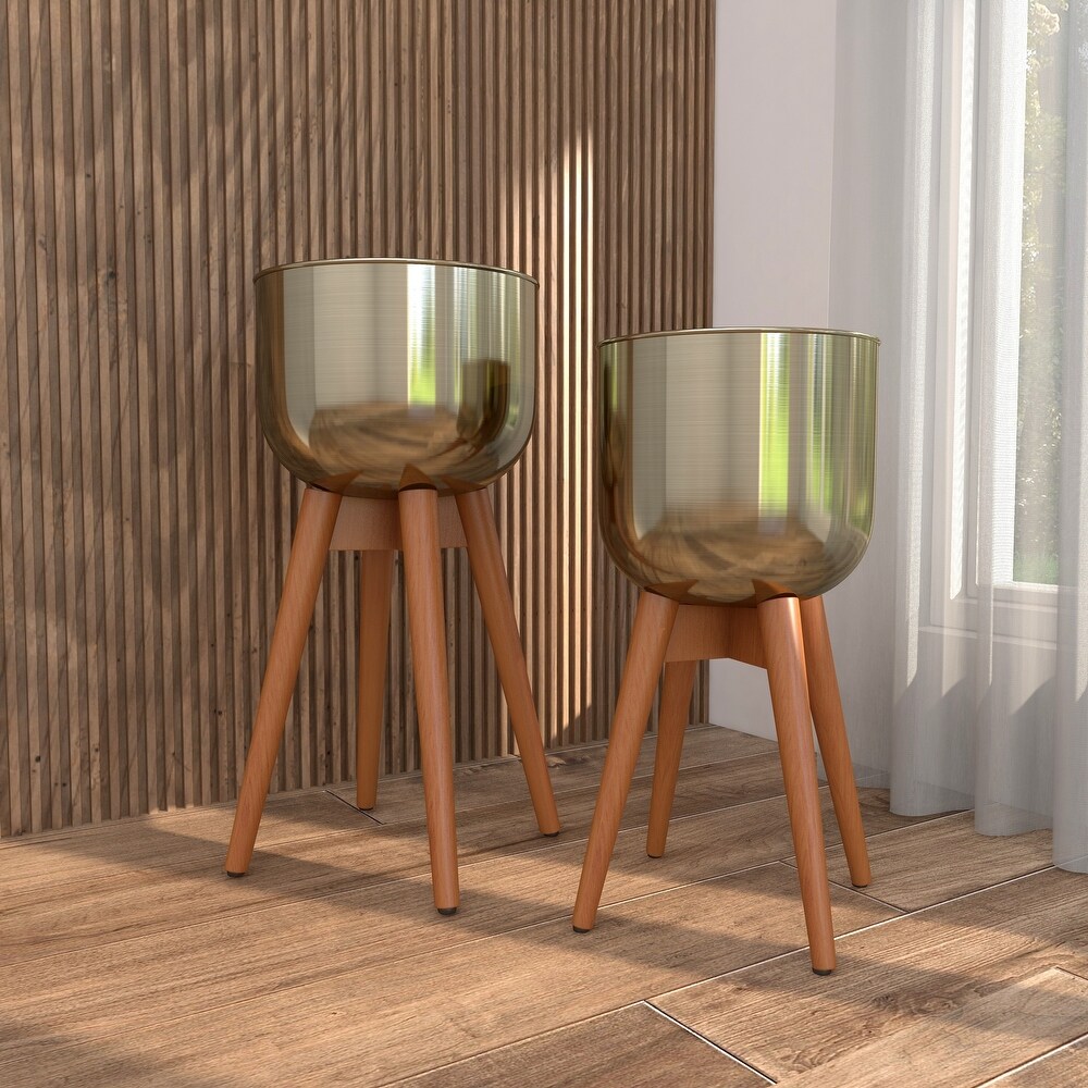 Gold Brushed Metal with Wood Legs Boho Contemporary Modern Planter (Set of 2)   13 x 13 x 24Round