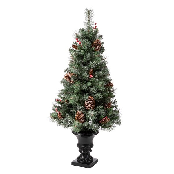 Glitzhome 4ft/5ft/6ft Flocked Pine Christmas Potted Porch Tree With Warm White Lights