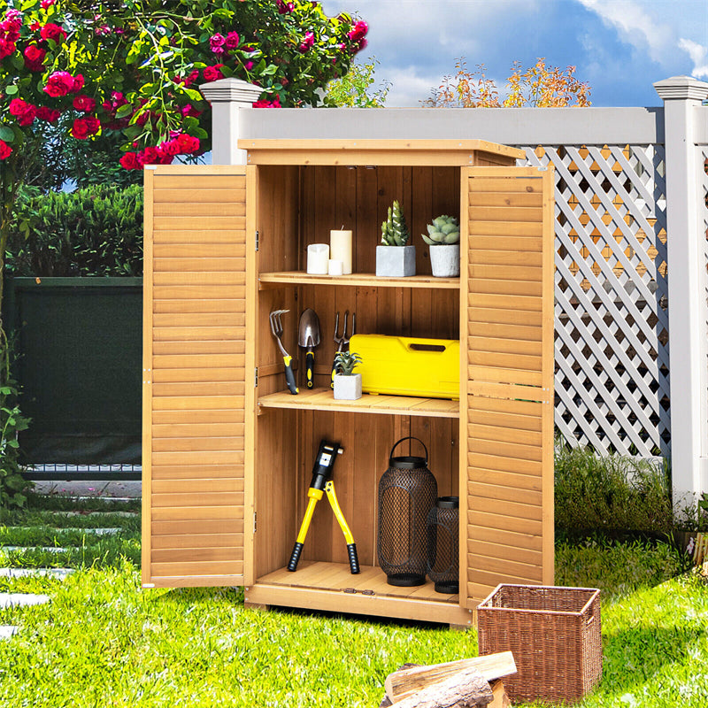 63¡± Outdoor Wood Storage Cabinet Garden Tool Shed with Double Lockable Doors 3 Shelves Asphalt Roof