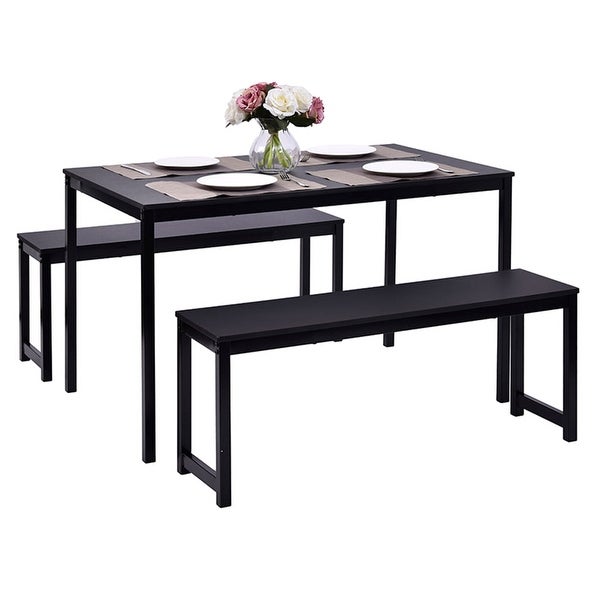 3 Pieces Dining Table and Chair Set， Dining Table with Two Benches， Black