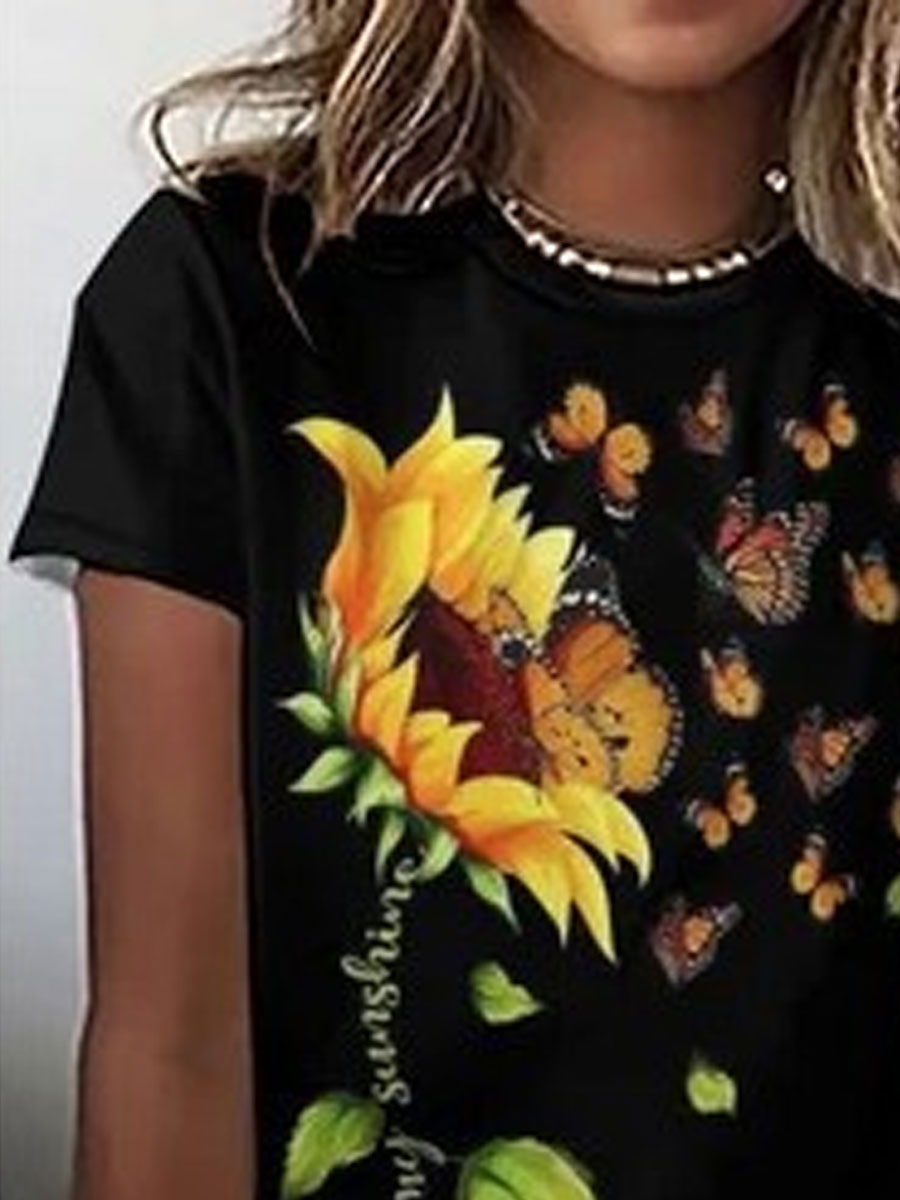 Round Neck Casual Loose Sunflower Print Short Sleeve T-shirt