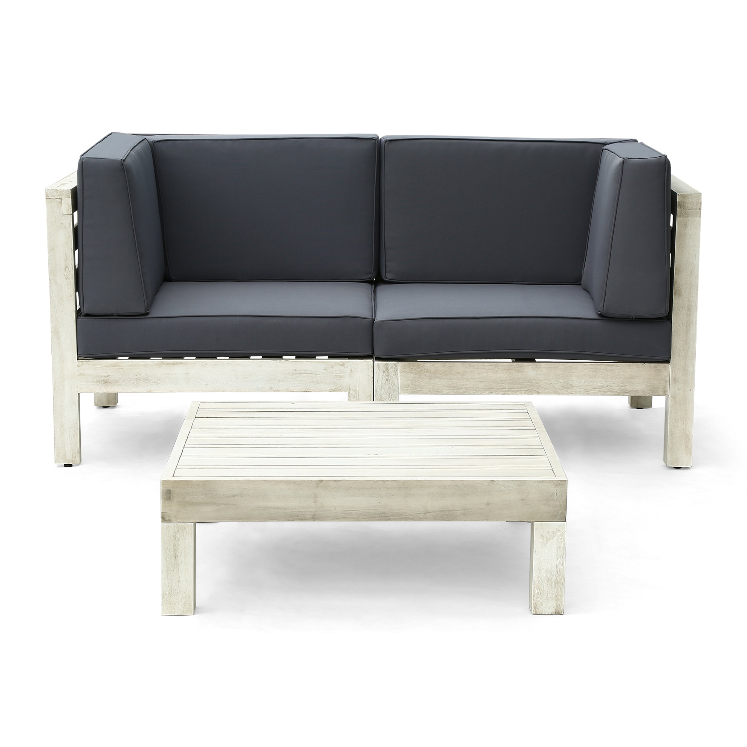 Brava Outdoor Modular Acacia Wood Sofa with Cushions and Coffee Table Set