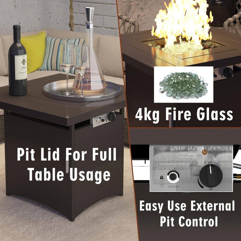 Mondawe 28 in. 50000 BTU Brown Frame Square Metal Outdoor Propane Gas Fire Pit Table with Fire Glass for Patio Balcony MO-08111BR