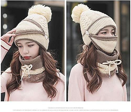 3pcs/set Fashion Women Winter Knitted Hat Thickened Woolen Cap With Warm Mask And Neck Scarf Beige -