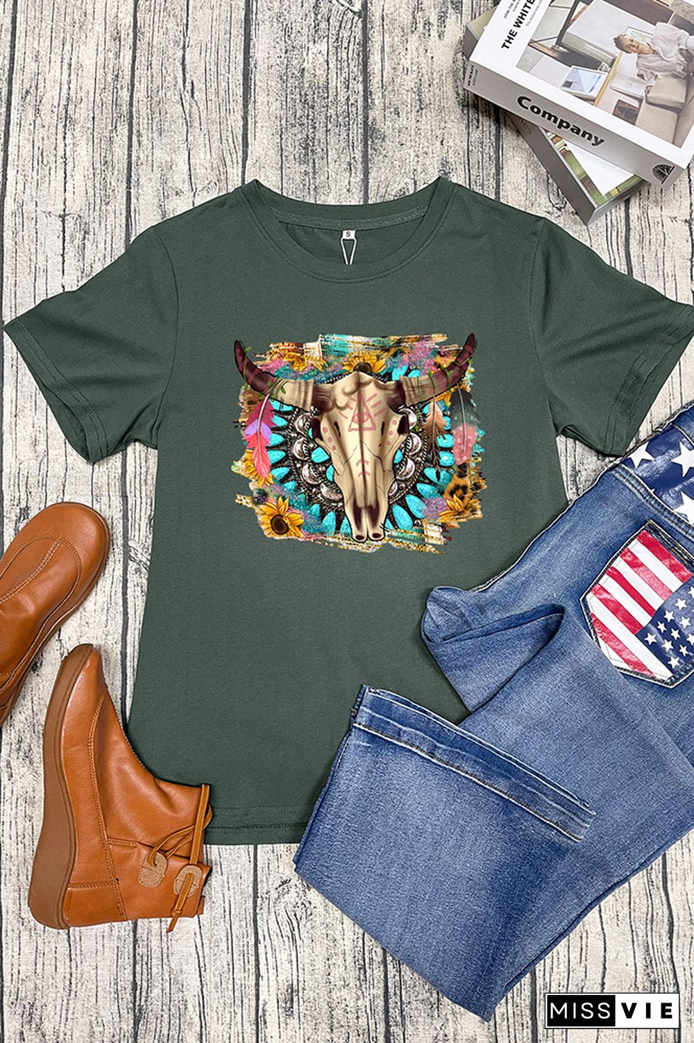 Western Boho Skull Pngturquoise And Leopard Short Sleeve Graphic Tee Wholesale