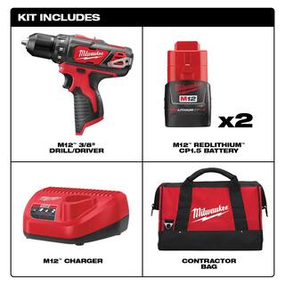 MW M12 12V Lithium-Ion Cordless 38 in. DrillDriver Kit with Two 1.5 Ah Batteries Charger and Tool Bag 2407-22