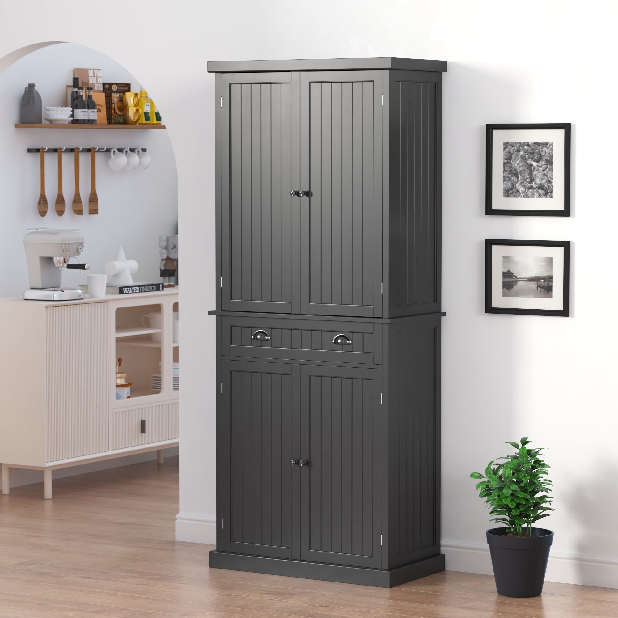 HOMEFORT 72" Traditional Freestanding Kitchen Pantry Cabinet Cupboard with Doors and 3 Adjustable Shelves, Black