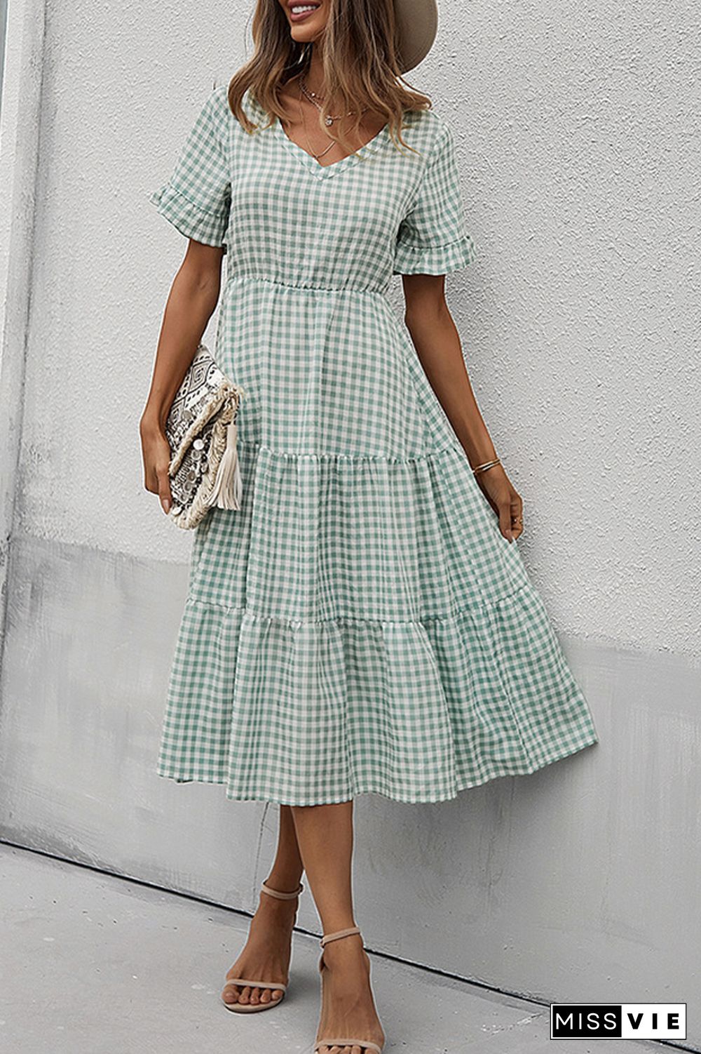 Plaid V-neck Short Sleeve Long Dress Wholesale