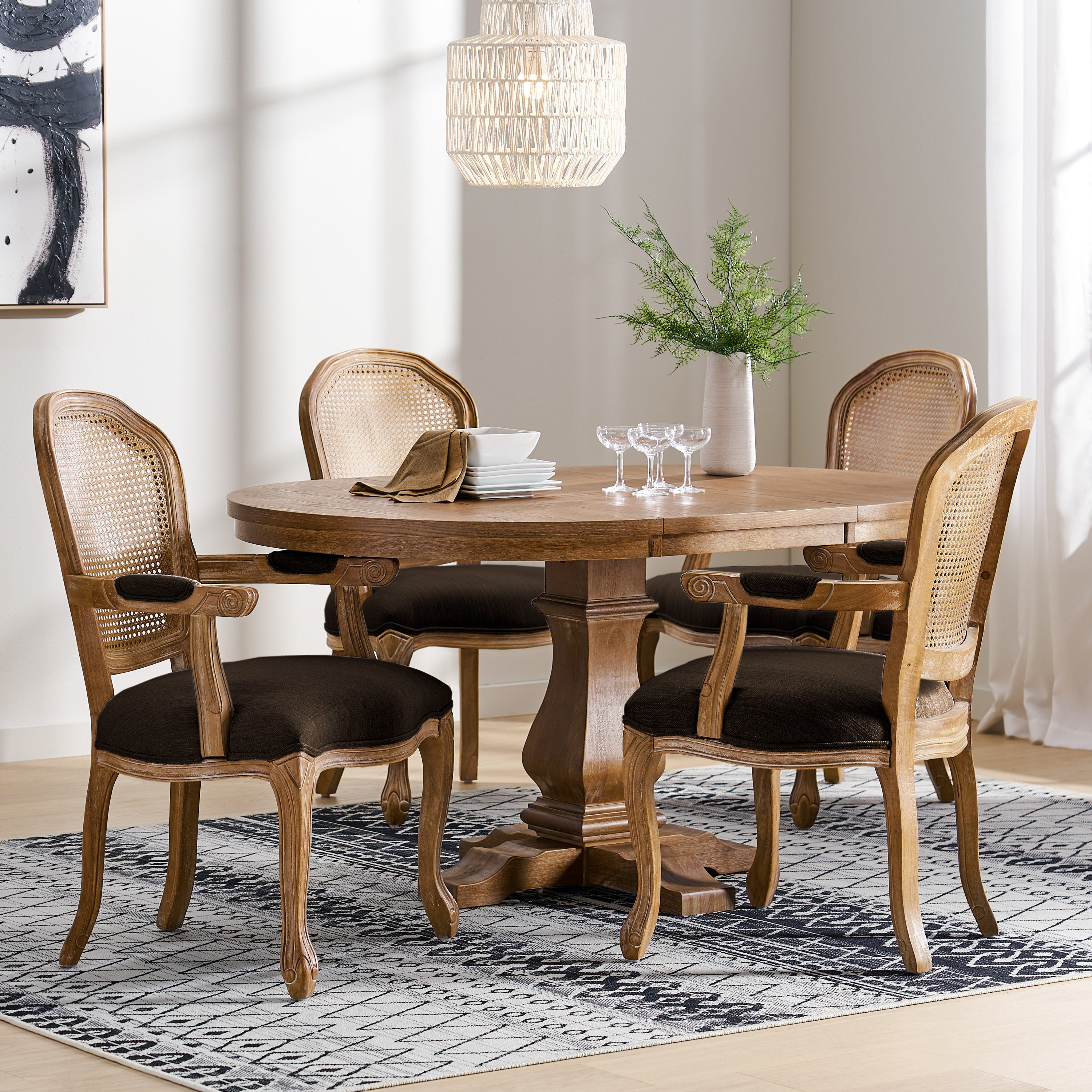 Mariette French Country Wood and Cane 5 Piece Expandable Oval Dining Set