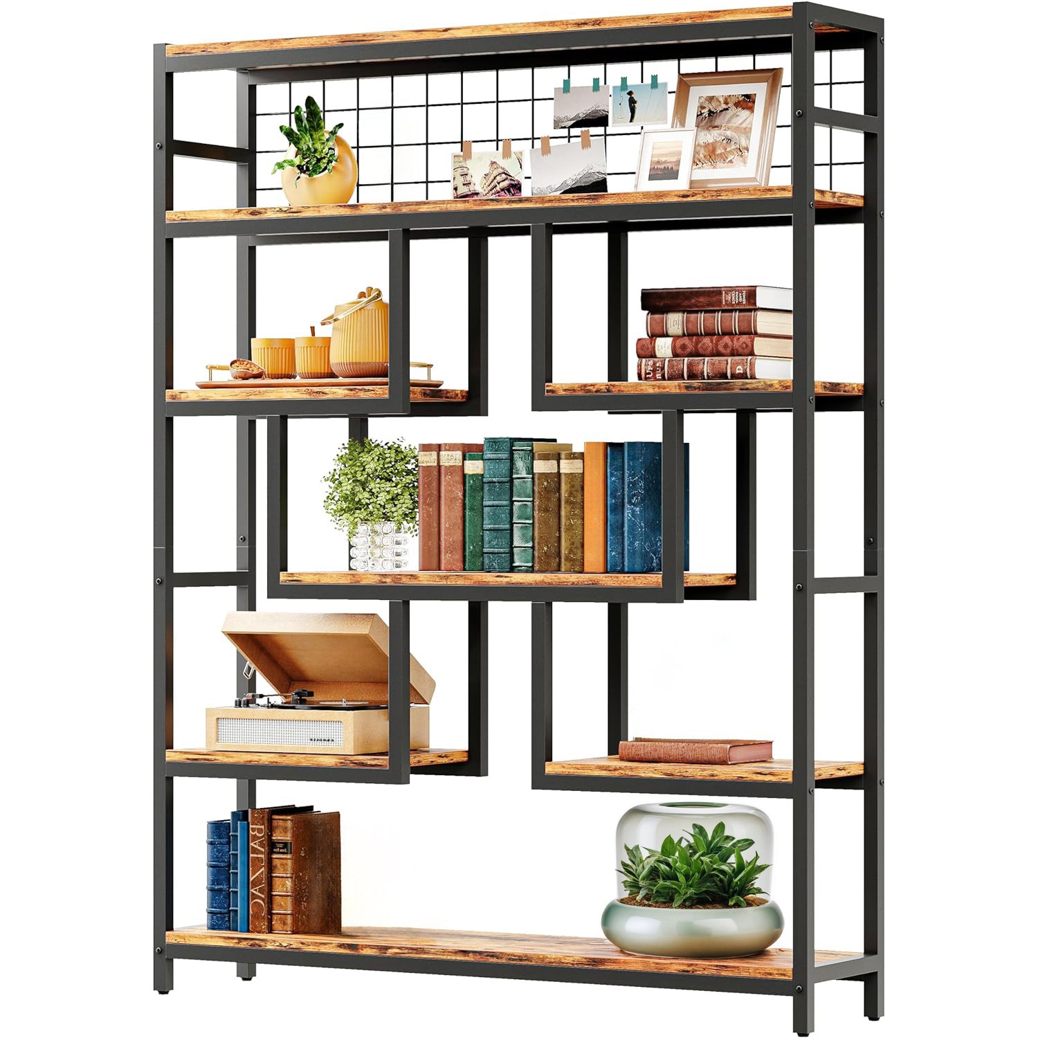 Bookshelves and Bookcases 6-Shelf 55-Inch Industrial Open Display Shelf with Sturdy Metal Frame, Vintage Brown