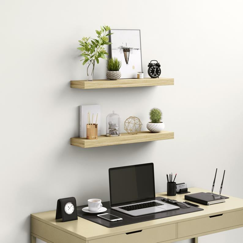 Floating Shelves Wood Natural Set of 2 - Real Wood Mounted Wall Shelf - 24in x 5.5in x 1.5in Hanging Shelf - Paulownia W/ Natural Finish - Level Tool and Plants Included