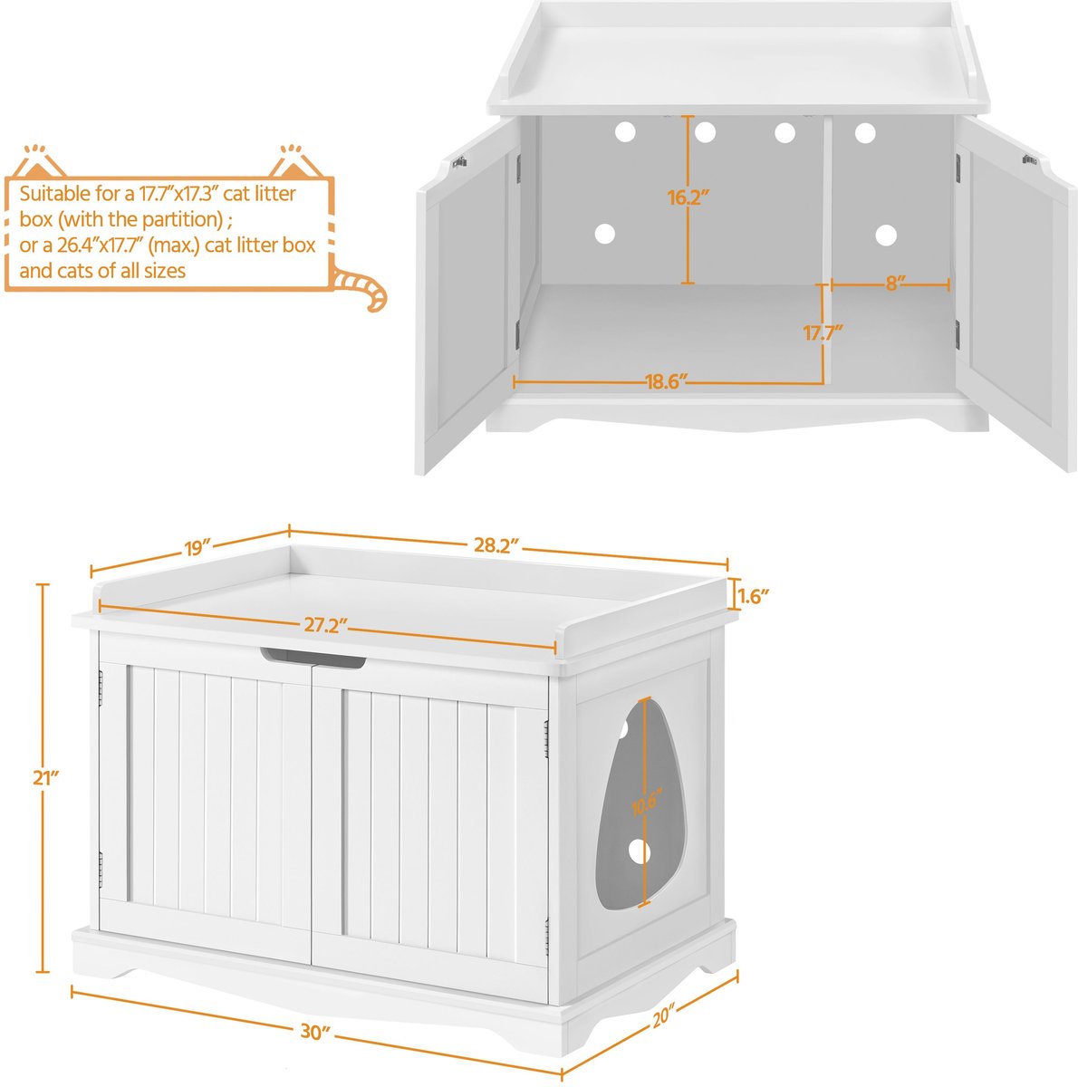 Yaheetech Litter Box Furniture Cat House， White， Large