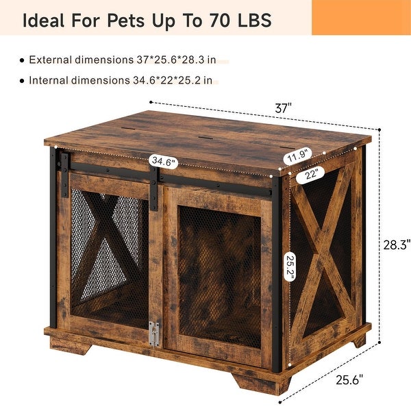 37'' Sliding Barn Door Dog Crate Furniture with Flip Top and Movable Divider， Wooden Dog Crate Table